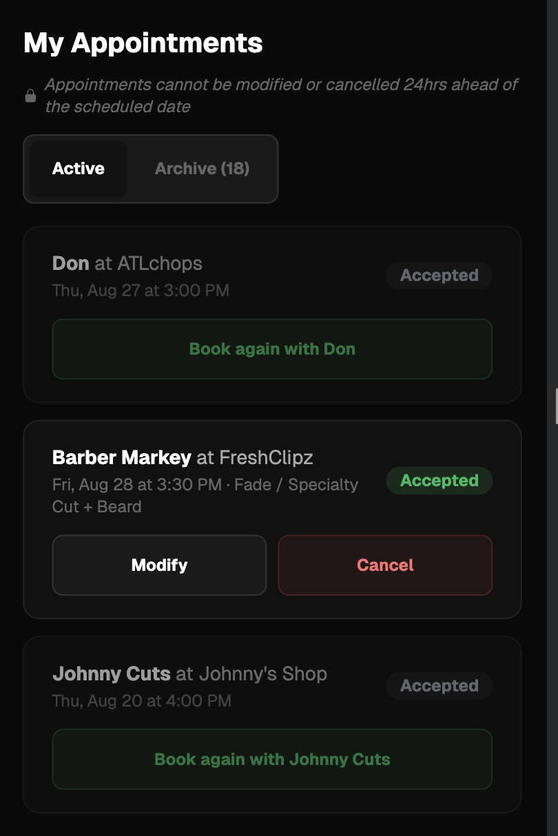 Choply appointments list showing each booking with the barber, their shop and the service