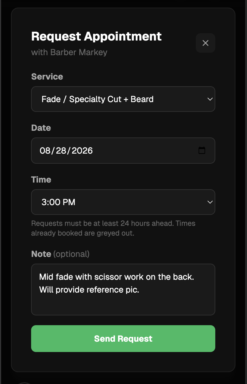 Choply booking form: service, date, time and an optional note to the barber